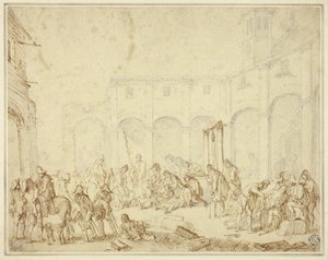 Sårede soldater i en gårdhave på byens torv af Cornelis de Wael