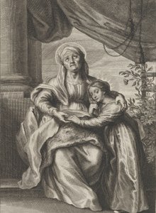 Jomfruens uddannelse, med Sankt Anne siddende på en bænk og kigger opad og ..., ca. 1645-78. af Cornelis van Caukercken