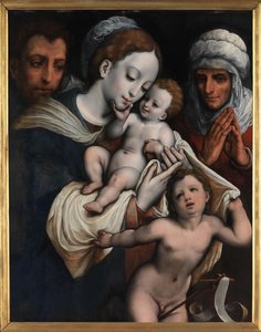Hellig Familie med Elisabeth og Johannes Døberen (olie på panel) af Cornelis van Cleve