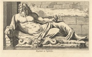 Statue af Neptun ved springvandet på Capitol i Rom Neptun i Capitolio (titel på objekt) Eigenlyke billeder af hundrede af de mest berømte statuer eller antikke statuer, stående i Rom (serietitel) af Cornelis van Dalen (I)