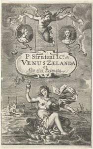 Venus på en skal med et brændende hjerte og pil svæver ud for Zeelands kyst, over den to medaljoner med portrætter af Cloës og Blondae og kartouche med titel i Amor Titelside for: Venus Zelanda et alia ejus Poëmata, Haag 1641 Venus af Cornelis van Dalen (I)