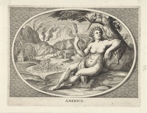 Kvindelig personificering af det amerikanske kontinent som en kvinde med en fjerhovedbeklædning og en pil i et landskab Amerika (titel på objekt) af Cornelis van Dalen (II)
