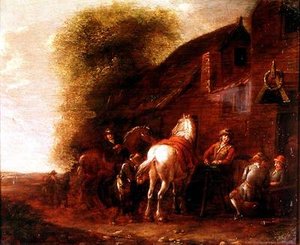 Ryttere uden for en landsbykro af Cornelis van Essen