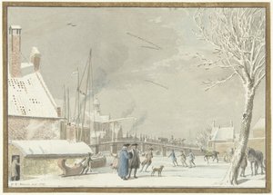 Frossen bykanal med skatere af Cornelis van Noorde