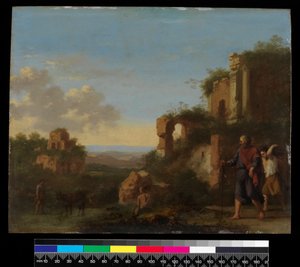 Landskab, med Abraham og Isak, før 1667 (olie på kobber)