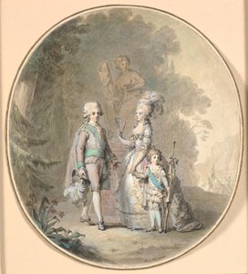 Gustav III, dronning Sophie Magdalene og kronprins Gustav Adolph spadserende i Hagaparken. af Cornelius Høyer