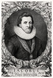 Portræt af James I, konge af Storbritannien, indgraveret af R.White, 1669 af Cornelius I after Johnson