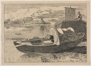 Både på en flod, vindmølle i afstand af Cornelius Varley