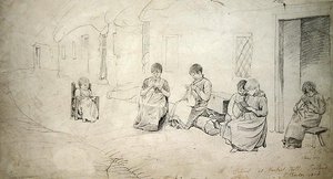 Børn uden for deres skole i Market Hill, Irland af Cornelius Varley