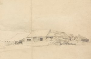 Gårdsbygninger med stakmagere af Cornelius Varley
