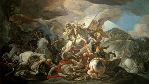 Det legendariske slag ved Clavijo, hvor den asturiske kong Ramiro I (791-850) besejrede muslimerne med hjælp fra apostlen St. James i 845, skitser efter maleriet i kuplen på det kongelige palads i Madrid (olie på lærred)