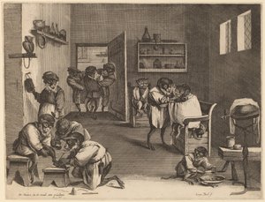 Abernes frisørbutik af Coryn Boel after David Teniers the Younger