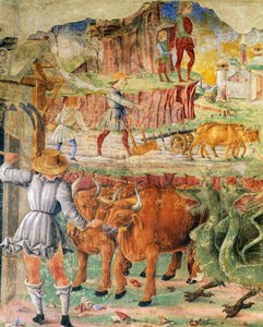 Landbrugsbillede, detalje fra Triumf af Ceres, scene fra august måned, ca. 1470, tilskrevet Cosimo Tura og Mester af Ercole, fresco, nordvæg, Månedens Hall, Palazzo Schifanoia (Glædens Palads), Ferrara, Emilia- Romagna. Italien