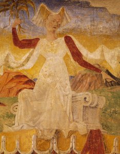 Ceres med korn i hænderne, detalje fra Triumph of Ceres, scene fra august måned, ca. 1470, tilskrevet Cosimo Tura og Mester af Ercole, fresco, nordvæg, Hall of Months, Palazzo Schifanoia, Ferrara, Emilia- Romagna, Italien