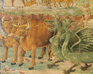 Drager og billeder af livet på landet, detaljer fra Triumph of Ceres, scene fra august måned, tilskrevet Cosimo Tura (ca. 1430-1495) og Master of Ercole, fresco, nordvæg, Hall of Months, Palazzo Schifanoia (Glædens Palads) , Ferrara, Italien, omkring 1470