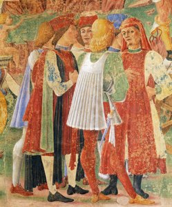 Gruppe af købmænd, detaljer fra Triumph of Ceres, scene fra august måned, tilskrevet Cosimo Tura (ca. 1430-1495) og Mester af Ercole, fresco, nordvæg, Hall of Months, Palazzo Schifanoia (Glædens Palads), Ferrara, Italien, omkring 1470