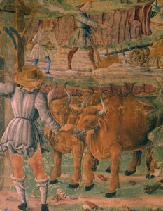 Billeder af livet på landet, detaljer fra Triumf af Ceres, scene fra august måned, tilskrevet Cosimo Tura (ca. 1430-1495) og Mester af Ercole, fresco, nordvæg, Hall of Months, Palazzo Schifanoia (Glædens Palads), Ferrara , Italien, omkring 1470