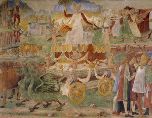Triumf af Ceres, scene fra august måned, tilskrevet Cosimo Tura (ca. 1430-1495) og Mester af Ercole, fresco, nordvæg, Hall of Months, Palazzo Schifanoia (Glædens Palads), Ferrara, Detail, Italien, ca. 1470
