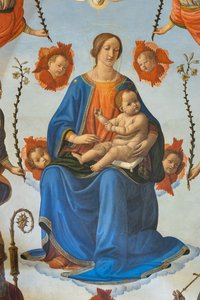 Madonna med barn i herlighed, Sankt Ambrosius, Sankt Frans af Assisi, Gud Faderen og englenes, Altertavle, detaljer (fresko) af Cosimo Rosselli