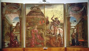 Polyptykon, der afbilder Skt. Georg og dragen og bebudelsen, 1469 (tempera på panel) (se også 215997)