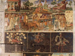 Triumf af Jupiter og Cybele og Løvens tegn, scener fra juli måned, fresco, nordvæg, Hall of Months, Palazzo Schifanoia (Glædens Palads), Ferrara, Italien, omkring 1470