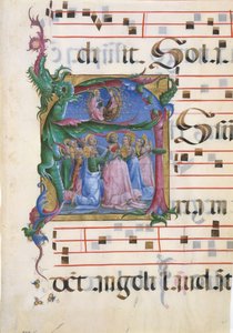 Manuskriptbelysning med Jomfruens antagelse i en indledende A..., 1450-60. af Cosmè Tura
