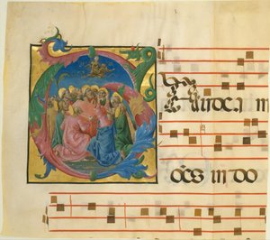 Manuskriptbelysning med Jomfruens antagelse i et indledende G, 1450-60. af Cosmè Tura