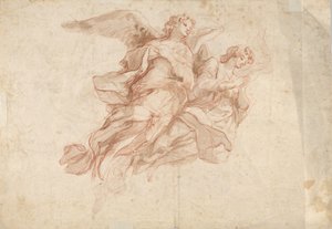 To engle, der flyver, verso: Gud Faderen, der sidder i skyerne og en skitse af en flyvende figur, c1720