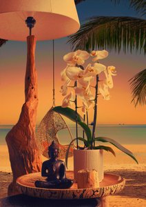 Orkidé, Buddha og solnedgang på stranden