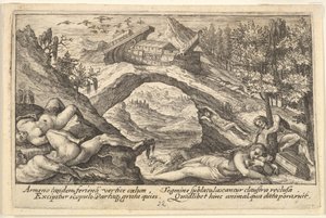 Eftervirkninger af syndfloden: menneskekroppe strøet på tørt land i forgrunden, Noahs ark hede..., 1612.