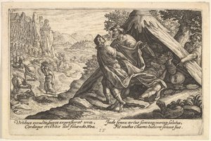 Noas drukkenskab: Sem og Jafet dækker Noas nøgne krop, som ligger i et telt, en ..., 1612.
