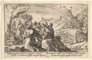 Gud indgår en pagt med Noa: ved siden af et rygende bål knæler Noa i en gestus på p..., 1612.
