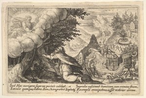 Noa knæler foran Gud til venstre, konstruktionen af arken i gang hinsides, fra en serie..., 1612.