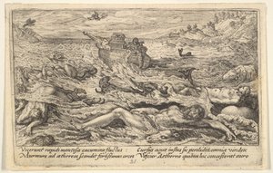 Syndfloden ødelægger livet på jorden: Lig af mennesker og dyr driver i forgrunden..., 1612.