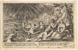 Begyndelsen af syndfloden: mænd og kvinder klatrer til højere terræn til højre, vandet overhaler..., 1612.