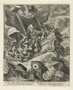 Jonah bliver smidt over bord af sømændene History of Jonas (serietitel) af Crispijn van de Passe (I)