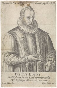 Portræt af Justus Lipsius Moribvs Antiqvis (titel på objekt) af Crispijn van de Passe (I)