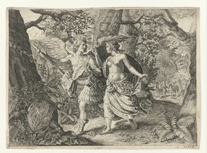 Circe forvandler Picus til en spætte Metamorphoses of Ovid (serietitel) af Crispijn van de Passe (II) (after)