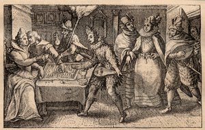 En backgammon-fest med spadserende spillere - hollandsk kobberpladegravering; fra et sæt tryk, Hortus Voluptatem, af Crispin de Passe (1550-1643) - Et par, der spiller backgammon overrasket af fem mænds masker, gravering af Crispin de Passe l