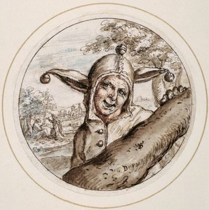 Nar med kasket og klokker, tidligt i det 17. århundrede (pen og brunt blæk med brune, grå og roser)