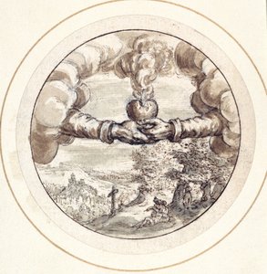 Hænder, der holder et flammende hjerte og kejserkrone med udsigt til Circus Maximus (pen og brunt blæk med brun vask på papir)