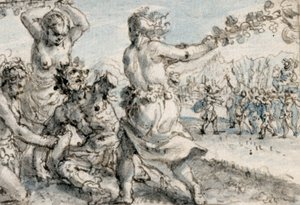 Maenads, der slår Pentheus, tidligt i det 17. århundrede (pen og brunt blæk med brune, blå og grå vaske)