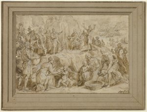 Moses slår vand ud af klippen af Crispin van den Broeck