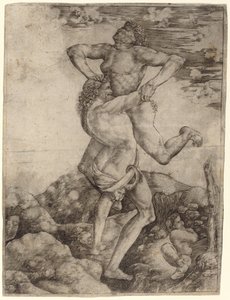 Hercules og Antaeus af Cristofano Robetta, after Antonio del Pollaiuolo