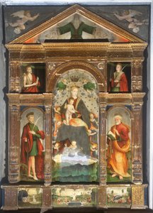 Kronet Madonna og barn med engle, Sankt Paul, Sankt Peter af Cristoforo (fl.1525-1578) & Pancalino Raffaele (fl.1514-1573) Pancalino