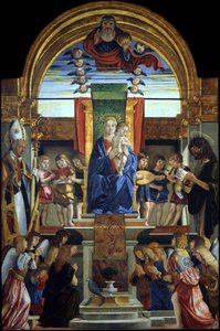 Jomfruen og barnet på tronen hos Gud Faderen og de hellige Hilarius og Johannes Døberen, 1499 af Cristoforo Caselli