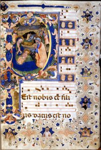 1400-tals kor med en miniatureret "P"" letrine, der repræsenterer fødselaren af Cristoforo Cortese. Begyndelsen af det 15. århundrede.