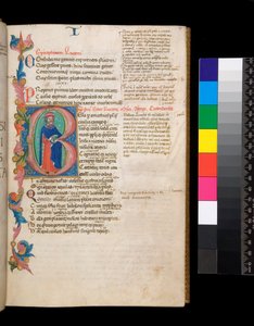 Ms 325. Lucan, Bellum Civile, og andre værker, f.10r. Oplyst initial [B], beboet af et forfatterportræt i fuld længde, der strækker sig ind i en delvis løvkant, ca. 1400-10 (pergament)