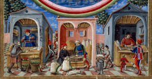 Detalje af købmænd, der sælger forskellige genstande: til venstre en købmand med frugt og grøntsager, i midten en møller, der støber korn (miniature, ca. 1470)