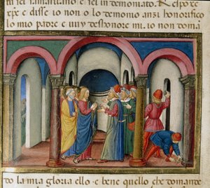 Jesus blev begravet nær Salomons tempel af jøder, som bad ham om at bevise sin miniatureidentitet Cristoforo De Predis (1440-1486) efter historien om Det Nye Testamente af Cristoforo De Predis